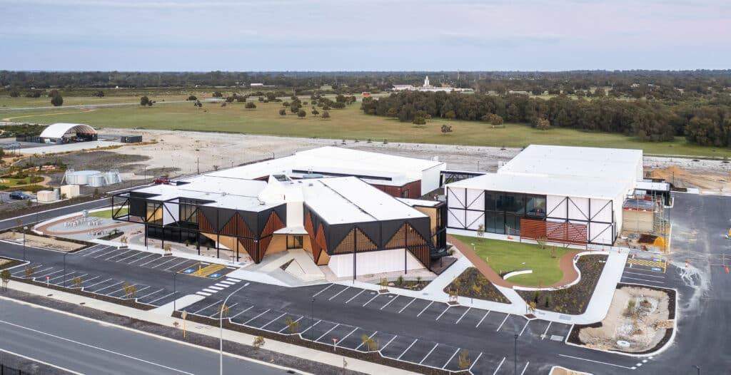 A side view of the Food Innovation Precinct Western Australia buildings.