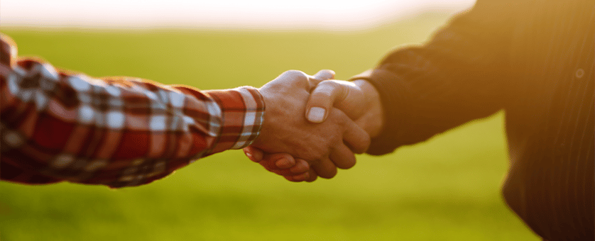 Two hands in a handshake representing partnership and community against a natural green background with a sun flare. One arm is wearing a checkered shirt, the other is wearing a dark shirt.